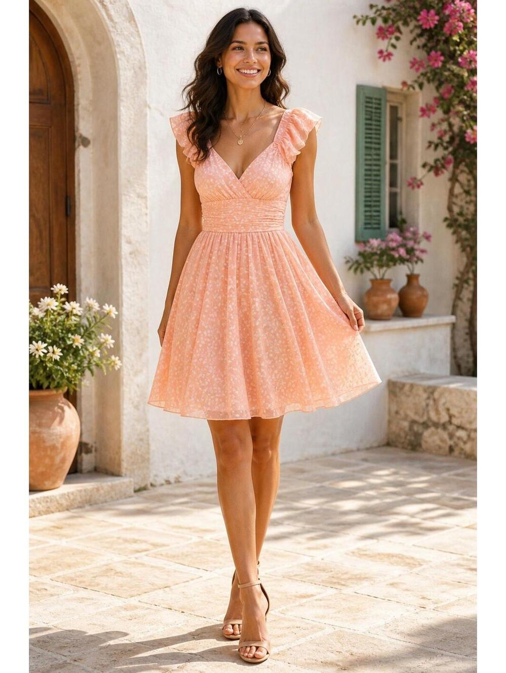 Selfie Leslie Pink Polka Dot Midi Dress NWT Ruffle V Neck Fit Flare Size 10M